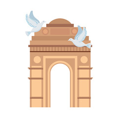 Wall Mural - india gate, famous monument of india with white doves flying vector illustration design