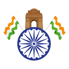 Sticker - india gate, famous monument with blue ashoka wheel and indian flags vector illustration design