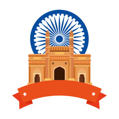 Poster - gateway, famous monument with blue ashoka wheel indian symbol and ribbon vector illustration design