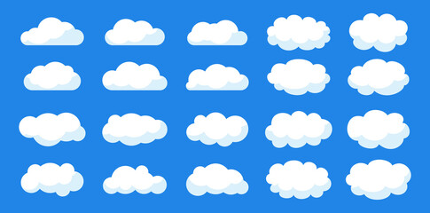 Wall Mural - Cloud set flat cartoon style. Different volumetric clouds with shadow. Symbol, shape cloudy sky. White abstract nature weather elements collection. Isolated on blue background vector illustration