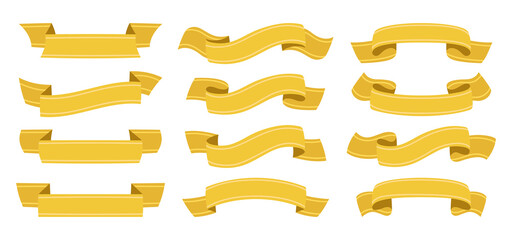 Wall Mural - gold ribbon set. tape blank golden collection, decorative icons. vintage design, ribbons sign cartoo