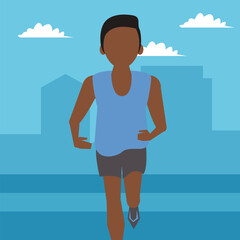 Wall Mural - young afro man running athlete on the city avatar character