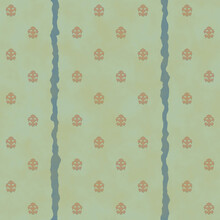 Abstract Orange Retro Flowers Seamless Pattern And Vertical Blue Wavy Stripes On Dirty Vintage Green Background