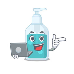 Sticker - Smart cartoon character of hand sanitizer studying at home with a laptop