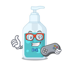 Wall Mural - Mascot design style of hand sanitizer gamer playing with controller