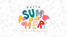 Summer Colorful Text Banner Design With Beach Accessories On White Background.Hand Drawn Elements Set For Summer Holiday.