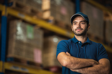 Wall Mural - Portraits of male warehouse personnel staff wearing blue uniforms Currently working in storage and transportation internationally.