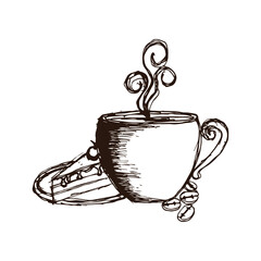 Hot coffee, illustration of coffee beans, cake and refreshing flavored drink, vintage style.