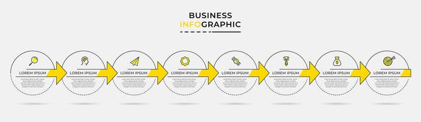 Business Infographic design template Vector with icons and 8 eight options or steps. Can be used for process diagram, presentations, workflow layout, banner, flow chart, info graph