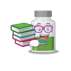 Sticker - A diligent student in vitamin syrup mascot design concept read many books