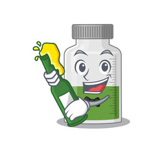 Sticker - caricature design concept of vitamin syrup cheers with bottle of beer