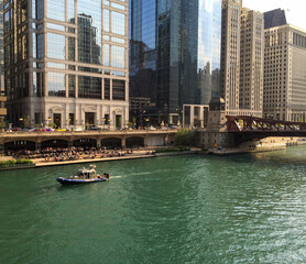 Wall Mural - boat on the Chicago River, Chicago Riverwalk, Upper Wacker Drive