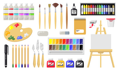 Sticker - Drawing and painting tools set. Brushes, oil paints, palette, easel with canvas, paintbrushes, pencils, eraser, crayons. Vector illustration for studying in art school, artist studio concept