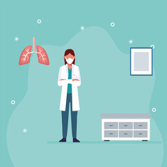 Poster - young female doctor wearing medical mask with lungs