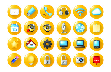 Wall Mural - set of realistic colored technological icon on yellow buttons on white background . isolated vector 