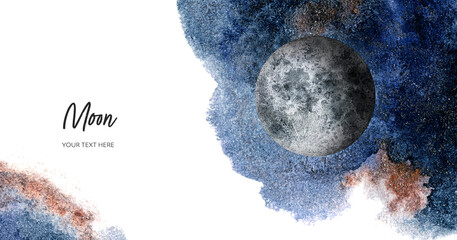 Moon horizontal banner watercolor hand drawn illustration with watercolor splash backgroundon white.