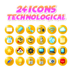 Wall Mural - set of realistic colored technological icon on yellow buttons on white background . isolated vector 