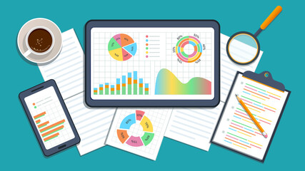 Business data analysis and financial audit concept. Online accounting. Budget planning. Digital tablet screen with business analytics, data analysis graphs and charts. Flat style vector illustration.