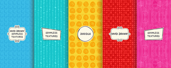 Aufkleber - Set of seamless hand drawn texture designs for backgrounds, business cards, web design. Doodle pattern with trendy modern labels on bright background. vector illustration