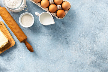 Poster - Bakery background top view. Raw ingredients for cooking pie