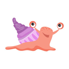 Cute pink slug with purple cochlea flat icon. Gastropod, underwater life, character book. Mollusk concept. illustration can be used for topics like zoology, nature, fauna