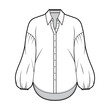© Vectoressa - Shirt technical fashion illustration with collar stand, dropped long puff sleeves, oversized body, front button fastenings. Flat apparel blouse template front white color. Women men unisex CAD mockup