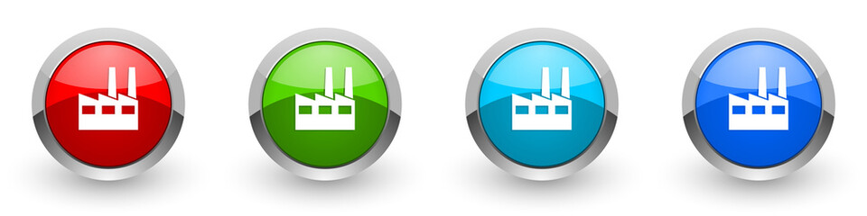 Aufkleber - Factory silver metallic glossy icons, industrial building concept set of modern design buttons for web, internet and mobile applications in four colors options isolated on white background