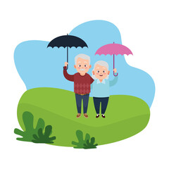 Poster - cute happy grandparents couple with umbrellas avatars characters