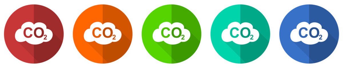 Aufkleber - Carbon dioxide icon set, red, blue, green and orange flat design web buttons isolated on white background, vector illustration