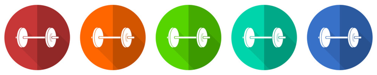 Aufkleber - Fitness icon set, red, blue, green and orange flat design web buttons isolated on white background, vector illustration