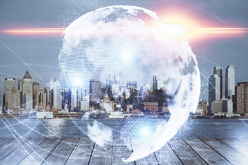 Fototapete - Double exposure of business theme hologram drawing and city veiw background. Concept of success.