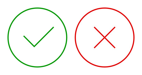 Wall Mural - set of round check and x mark thin line icons, buttons. tick and cross symbols isolated on a white b