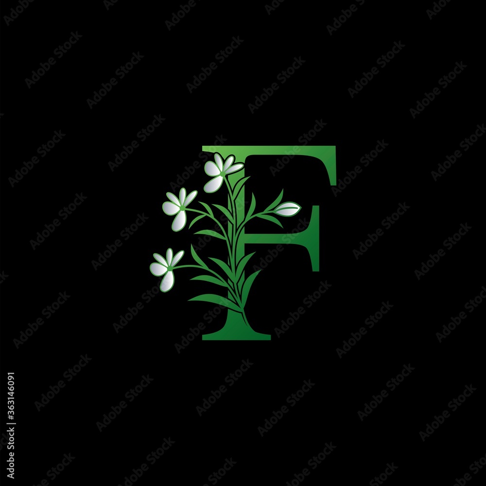 Green Nature Flower Initial Letter F logo icon, vector letter with ornate flower and natural leaf clip art design