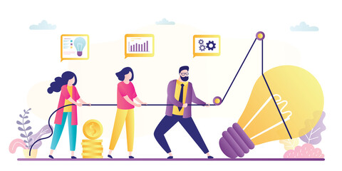 Wall Mural - Business team with rope raise idea bulb. Innovation and creativity in business. Office people working together. Teamwork and brainstorming