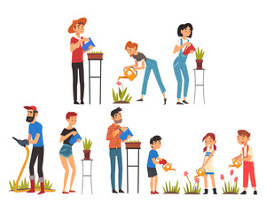 Sticker - People Watering Plants with Watering Can Set, Men, Women and Kids Enjoying Gardening Vector Illustration