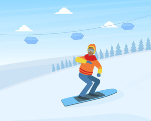 Wall Mural - Guy Dressed in Warm Clothing Snowboarding, Winter Sports Outdoor Activity Vector Illustration