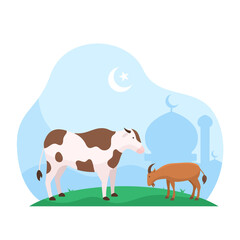 Wall Mural - Eid Al Adha islamic holiday the sacrifice of livestock animal poster background design. Cow and goat at mosque courtyard for qurban vector illustration