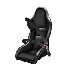 3d realistic vector icon illustration of sport car black leather car seat  with fasten seat belt. Side view.