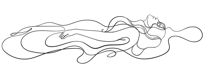 Wall Mural - Abstract portrait of young pretty woman. Continuous one line drawing isolated on white. Vector illustration in simple modern style.