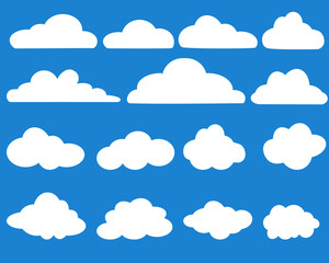 Cloud vector icon symbols set. White clouds cartoon shape drawing flat style on blue sky abstract background, graphic vector illustration element for website, logo, web banner, sticker and any design
