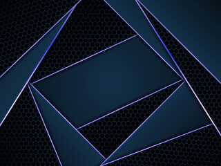 Background with carbon fiber hexagon with blue luminous lines and highlights on a carbon grid. Modern futuristic background.