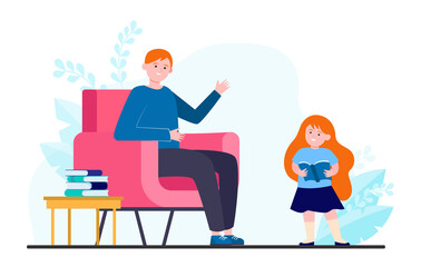 Dad and daughter fond of reading. Girl holding open book and walking to father flat vector illustration. Reading family, childhood concept for banner, website design or landing web page