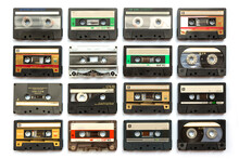 Collection Of Old Audio Cassette Tapes Isolated On White Background, Vintage Music And Technology Concept