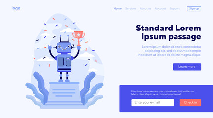 Wall Mural - robot winning golden cup. award, celebration, cyborg flat vector illustration. technology and contes