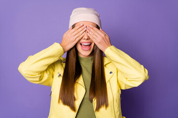 Sticker - Close-up portrait of her she nice-looking attractive lovely pretty charming cheerful cheery girl closing eyes having fun isolated over bright vivid shine vibrant lilac purple violet color background