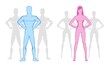 © Innokenty Pavochka - Gender, healthy body and stylized man of a athletic anatomy type of man and woman. Leadership attributes of pink women and blue men in a confident pose white background. Symbol of male and female.
