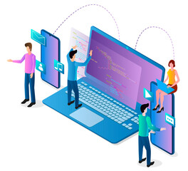 Wall Mural - people develop mobile apps.people, smartphones, and computers.teamwork, joint programming.the concep