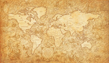 Old Map Of The World On A Old Parchment Background. Vintage Style. Elements Of This Image Courtesy Of NASA