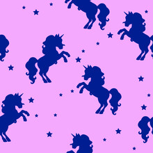 Seamless Pattern With Silhouettes Of Unicorns And Stars On A Pink Background. Background For Children's Clothing And Textiles.