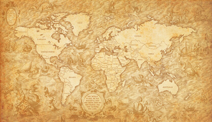  Old map of the world on a old parchment background. Vintage style. Elements of this Image courtesy of NASA